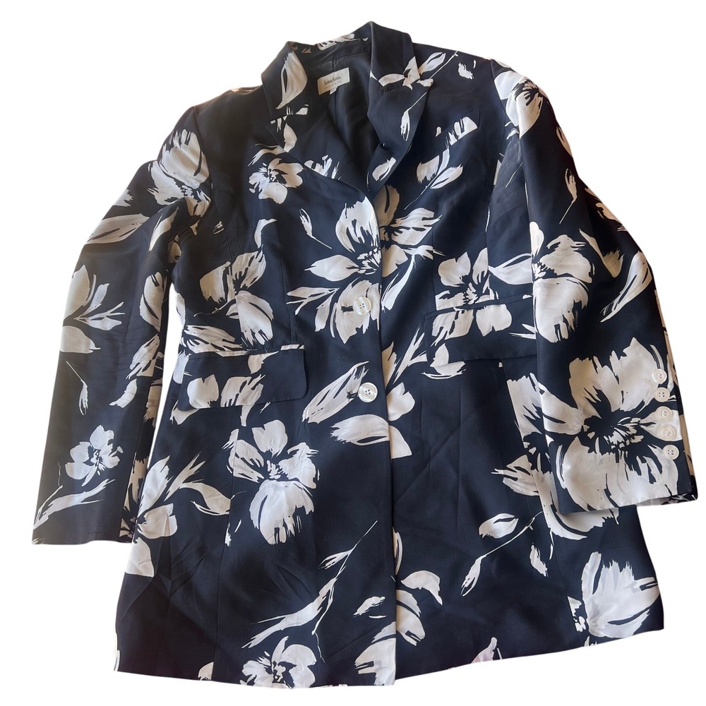 Vintage Neiman Marcus Exclusive 100 Silk Floral Blazer Black White Womens 10 - Picture 3 of 9